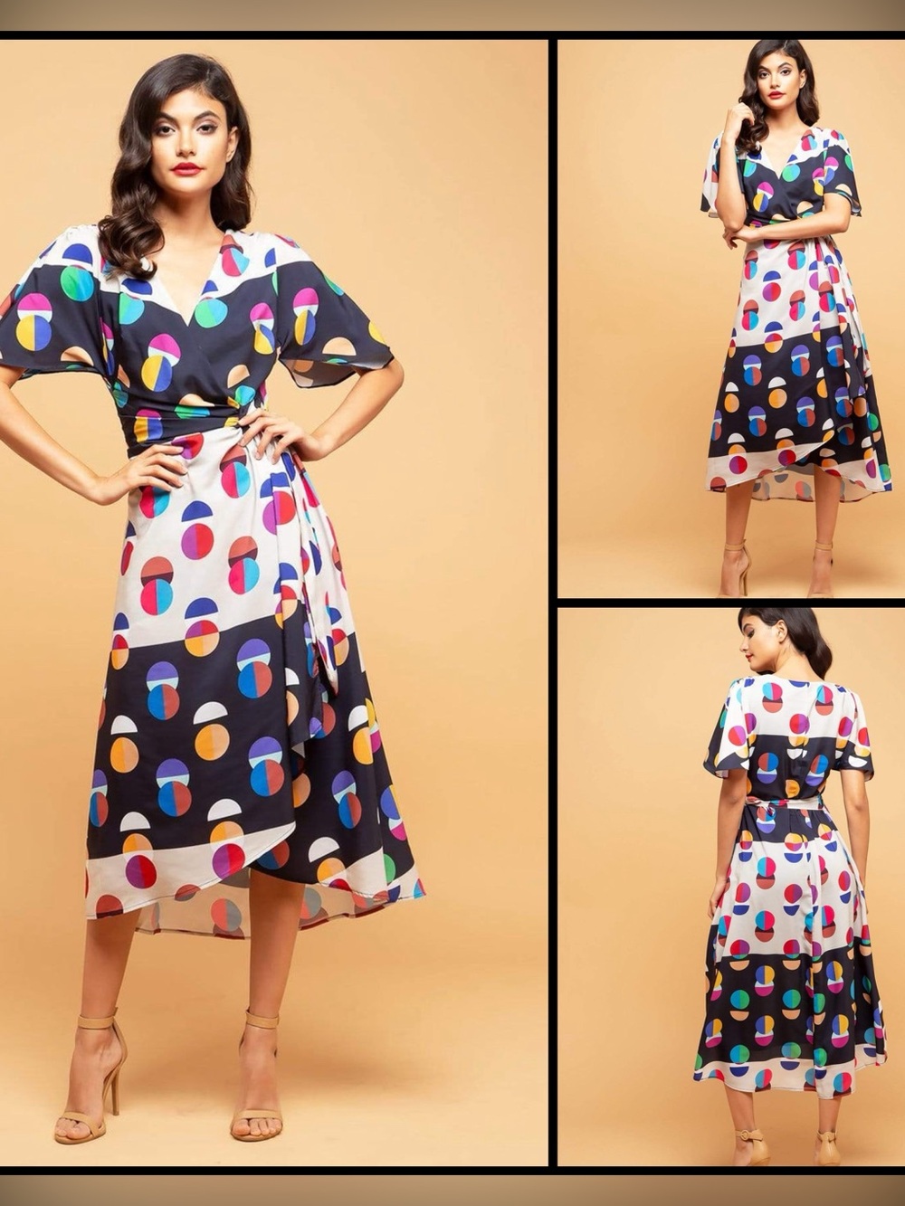 Eva Franco Marika Faux Wrap Midi Dress With Dolman Sleeves Miro Dot Art Deco 6